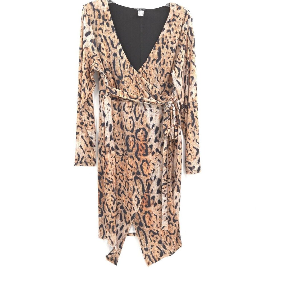 Venus Wrap Dress Women 1X Brown Leopard Print Excellent Long Sleeve Asymmetrical